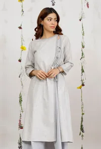 Grey and Powder Blue Straight Side Tie-up Cotton Khaadi Kurta image 2