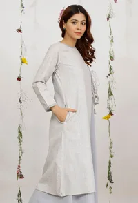 Grey and Powder Blue Straight Side Tie-up Cotton Khaadi Kurta image 3