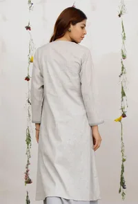 Grey and Powder Blue Straight Side Tie-up Cotton Khaadi Kurta image 4