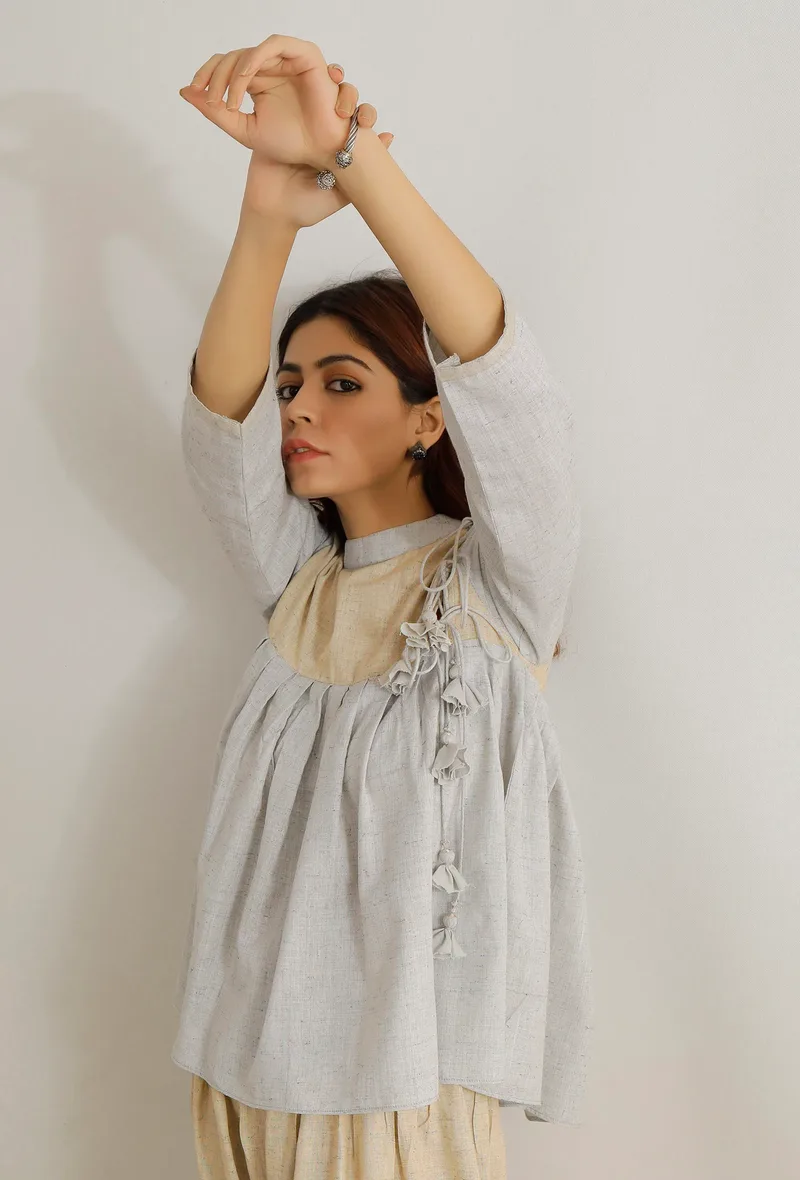 Set of 2: Beige and Grey Cotton Khaadi Short Kurta with Beige Khadi Cotton Harem Pants