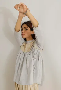 Set of 2: Beige and Grey Cotton Khaadi Short Kurta with Beige Khadi Cotton Harem Pants image 1