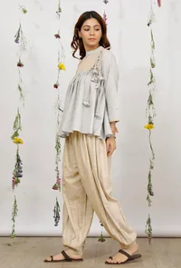 Set of 2: Beige and Grey Cotton Khaadi Short Kurta with Beige Khadi Cotton Harem Pants image 2