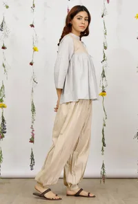 Set of 2: Beige and Grey Cotton Khaadi Short Kurta with Beige Khadi Cotton Harem Pants image 3