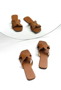 Bark Brown Cruelty Free Leather Sliders image 1