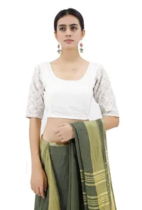 White Blouse With Beige Kantha Sleeves image 1
