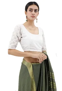 White Blouse With Beige Kantha Sleeves image 2
