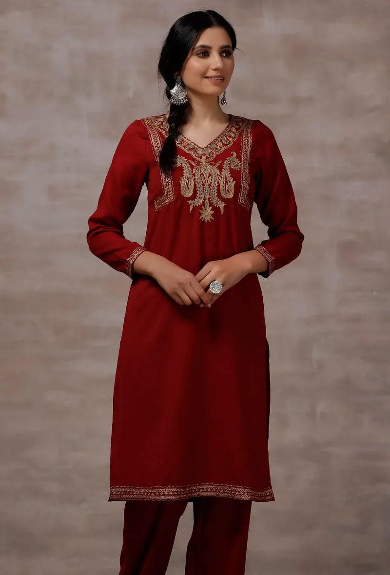 Maroon Cashmilon Straight Kurta