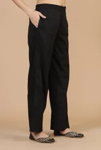 Solid Black Pure Cotton Straight Pants image 2