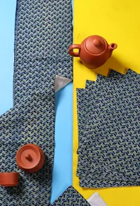 Zig Zag Ajrakh Quilted Runner and 6 Mats image 1