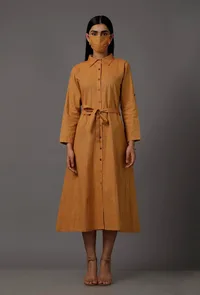 Mustard A-Line Shirt Pure Woven Cotton Dress with Complimentary Matching Mask image 1