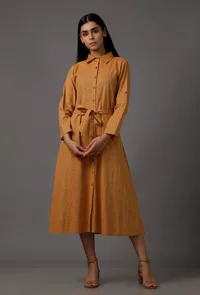 Mustard A-Line Shirt Pure Woven Cotton Dress with Complimentary Matching Mask image 2