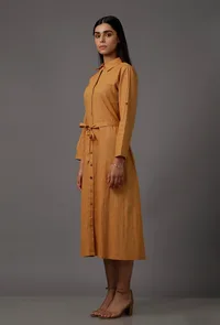 Mustard A-Line Shirt Pure Woven Cotton Dress with Complimentary Matching Mask image 3