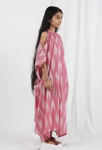 Pink Ikat Tie Up Kaftan Cotton Dress image 3