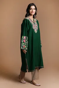 Phthalo Green Aari Embroidered Kashmiri Phiran-Free Size image 2