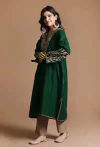 Phthalo Green Aari Embroidered Kashmiri Phiran-Free Size image 3