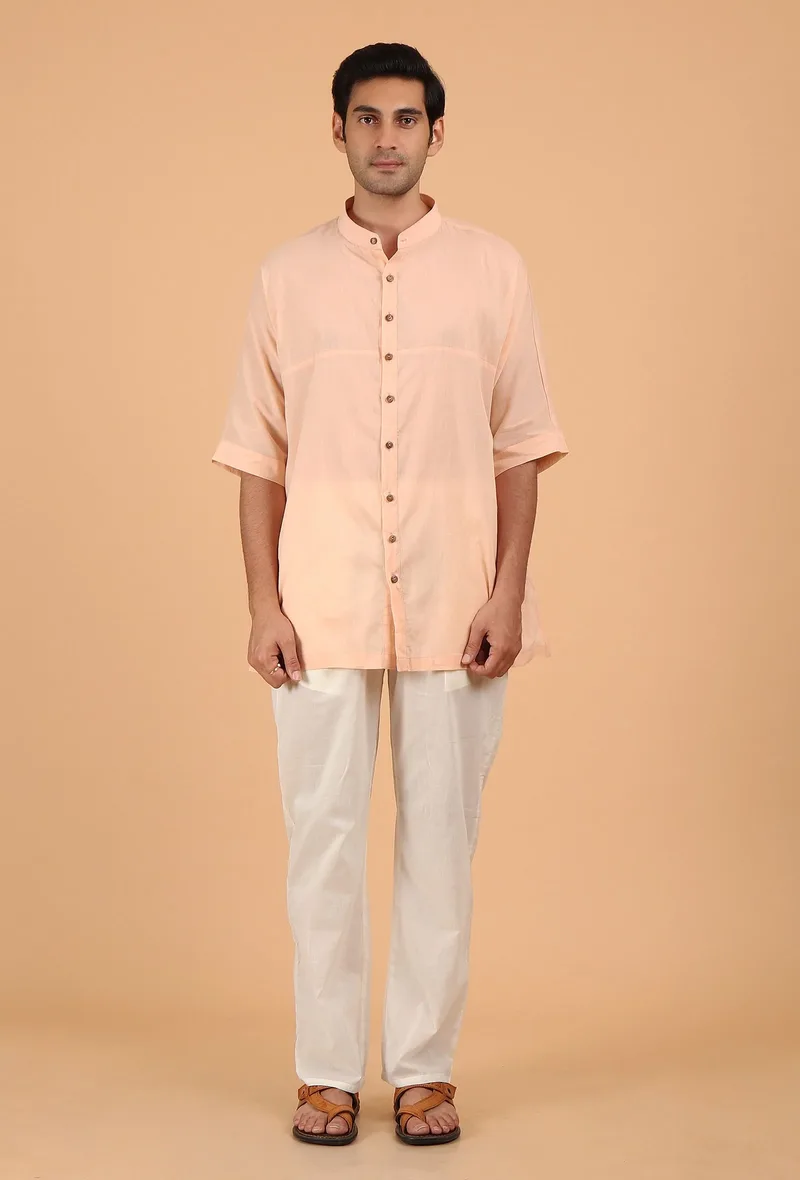 Peach Cotton Mulmul Button Down Short Kurta & White Pant