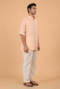 Peach Cotton Mulmul Button Down Short Kurta & White Pant image 2