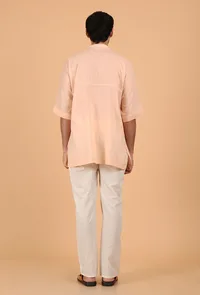 Peach Cotton Mulmul Button Down Short Kurta & White Pant image 3