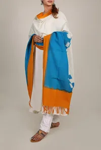 Sea Blue And White Ikat Dupatta With Tassels image 1