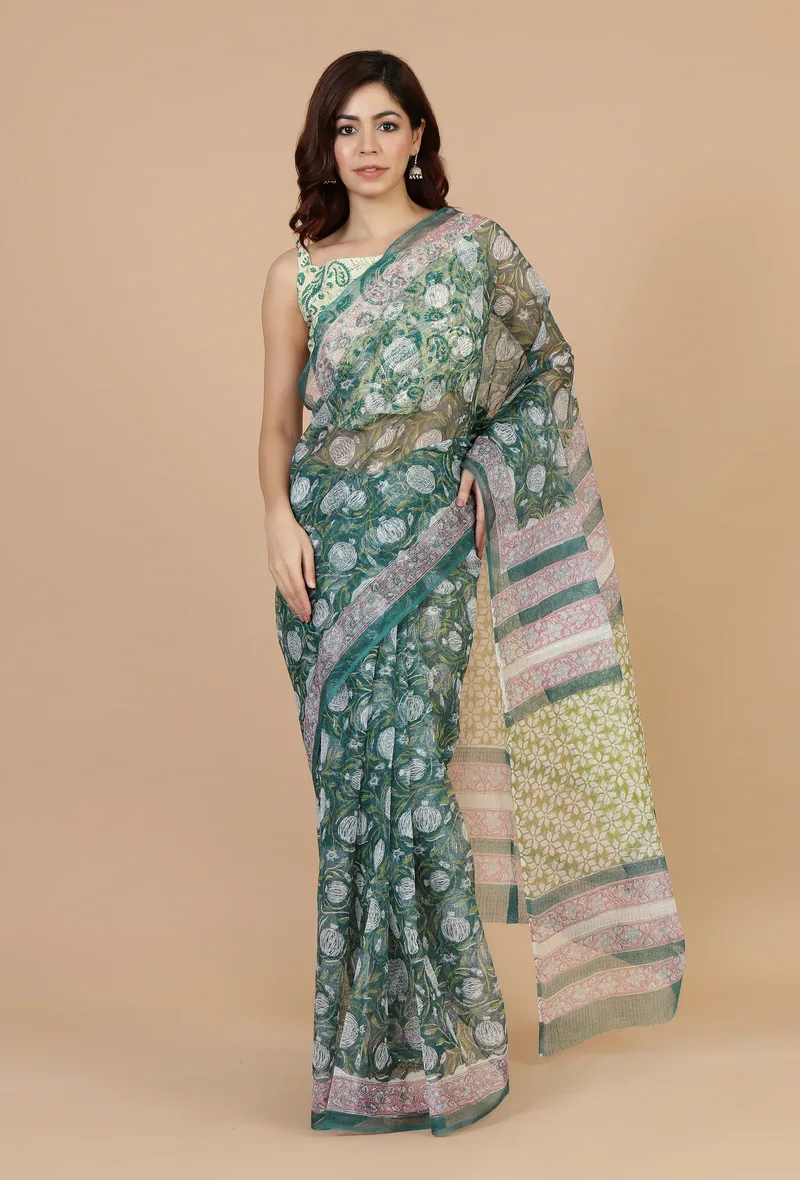 Botanical Green Kota Doriya Saree & Unstitched Blouse