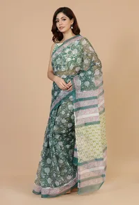 Botanical Green Kota Doriya Saree & Unstitched Blouse image 2