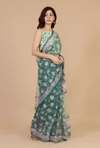 Botanical Green Kota Doriya Saree & Unstitched Blouse image 3