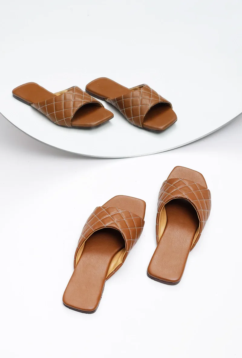 Fawn Brown Quilted Cruelty Free Leather Sliders