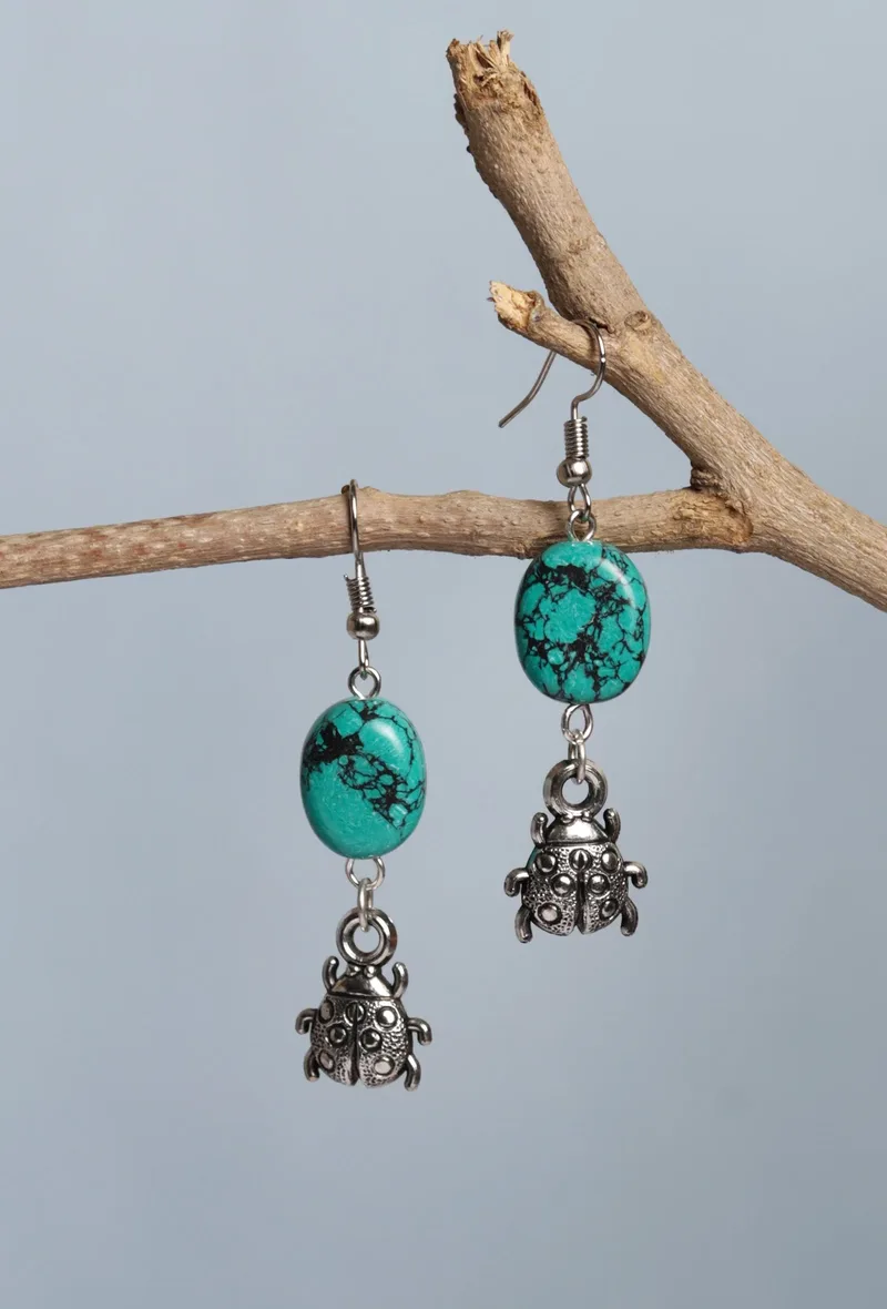 Turquoise Stone With Lady Bugs Dangler Earring