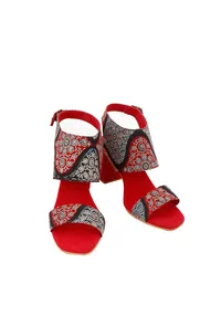 Red Ajrakh Cotton Strappy Block Heels In Suede image 1