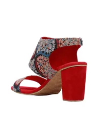 Red Ajrakh Cotton Strappy Block Heels In Suede image 3