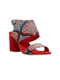 Red Ajrakh Cotton Strappy Block Heels In Suede image 4