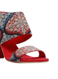 Red Ajrakh Cotton Strappy Block Heels In Suede image 5