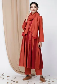 Set of 3: Crimson Red Contrast Anarkali and Pallazo With Dupatta image 1