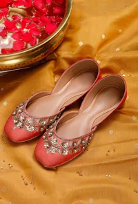 Rust Embroidered Silk Juttis image 1