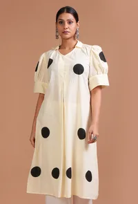 Off White & Black Cotton Printed Dress image 1