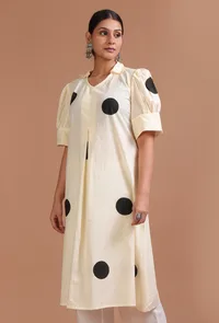 Off White & Black Cotton Printed Dress image 2