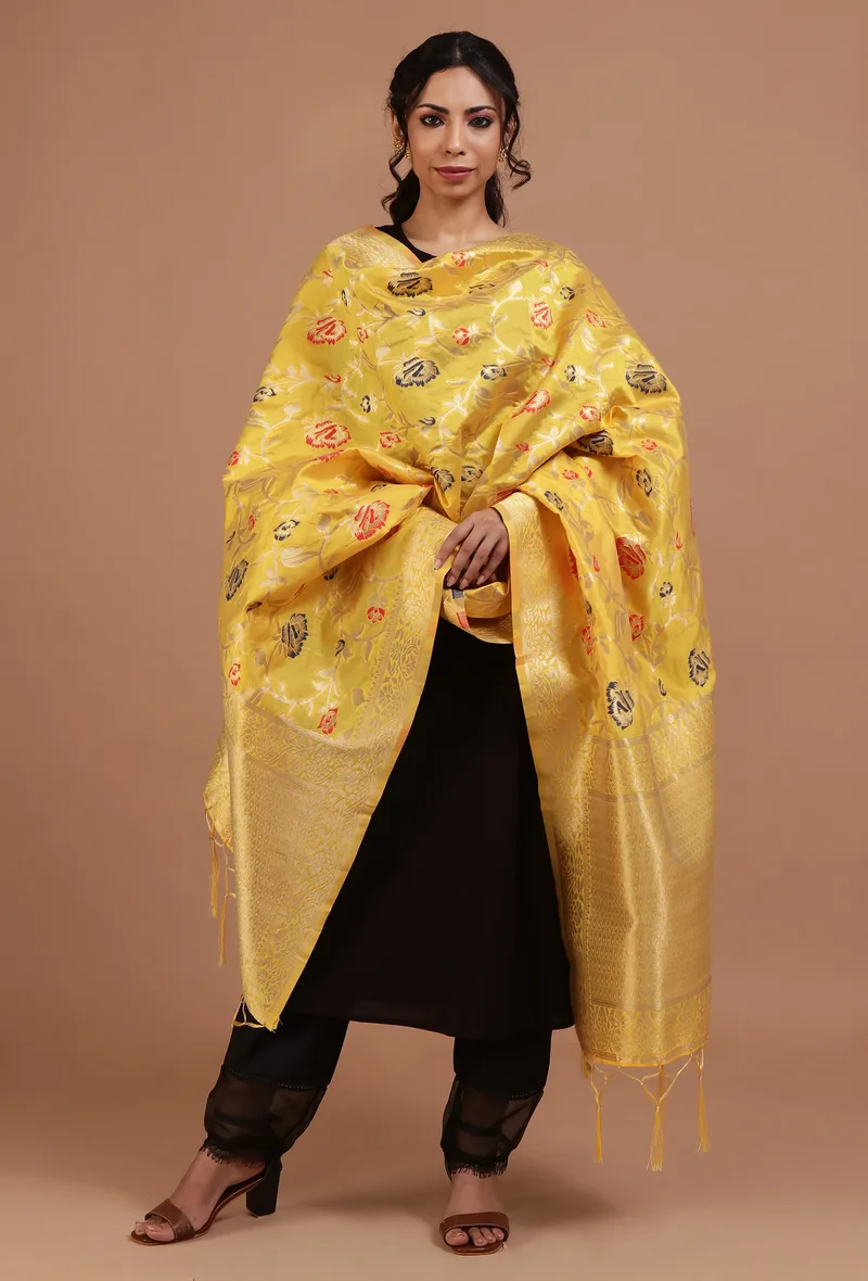 Yellow Color Semi Silk Dupatta With Zari Weaving