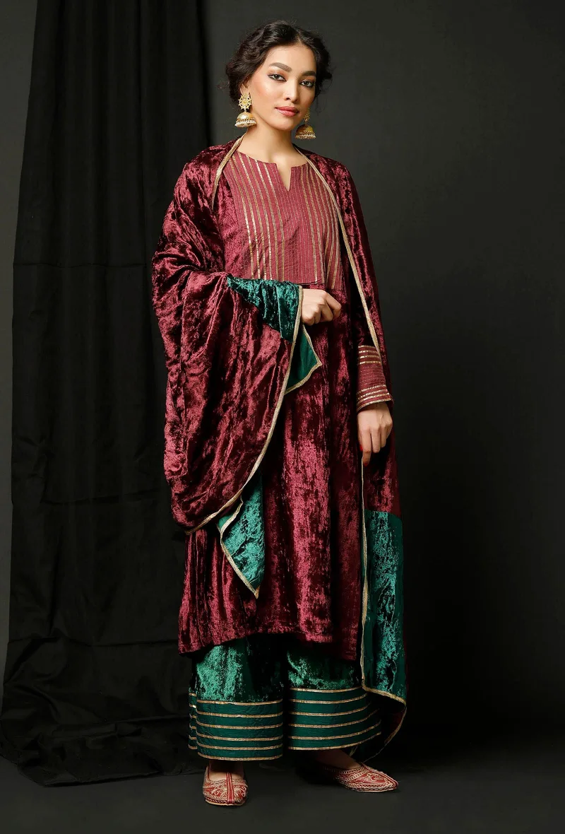 Set of 3 : Wine Velvet Gota Phiran With Bottle Green Velvet Pallazo and Color Block Velvet Odhani