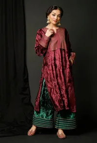 Set of 3 : Wine Velvet Gota Phiran With Bottle Green Velvet Pallazo and Color Block Velvet Odhani image 2