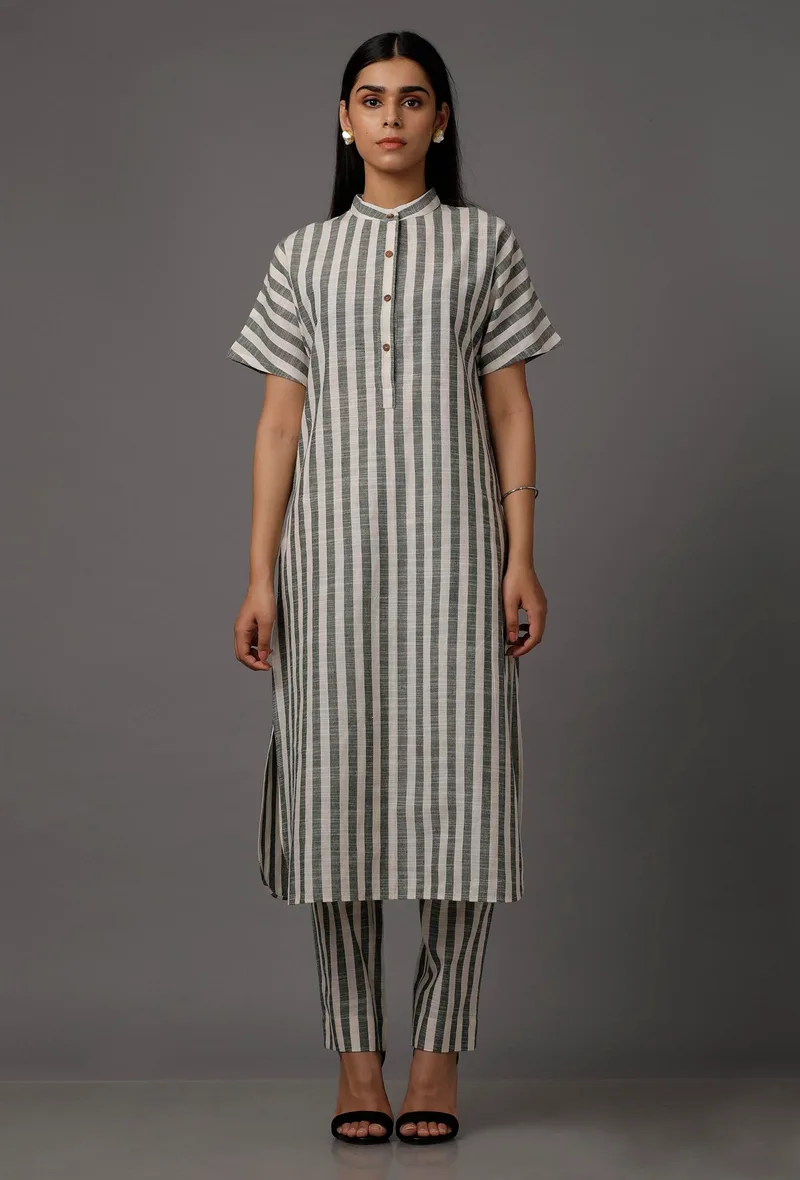 Green and White Stripes Pure Woven Cotton Kurta