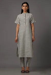 Green and White Stripes Pure Woven Cotton Kurta image 1