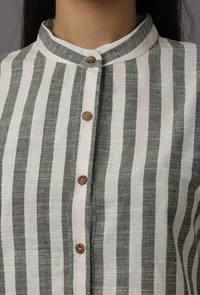 Green and White Stripes Pure Woven Cotton Kurta image 5