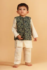Set Of 3: Ark Off White Cotton Kurta, Pyjama & Indigo Ajrakh Jacket image 1