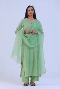 Set Of 3: Green Cotton Kurta with Pant & Dupatta Set image 1