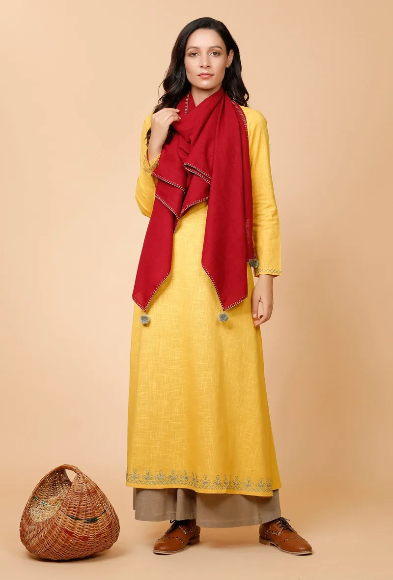 Set of 3: Yellow Cotton Kurta with Grey Cullotes and Maroon Stole