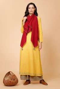 Set of 3: Yellow Cotton Kurta with Grey Cullotes and Maroon Stole image 1