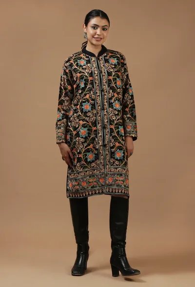 Black Kashmiri Aari Embroidered Woollen Long Jacket