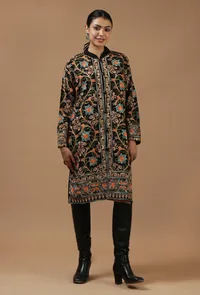 Black Kashmiri Aari Embroidered Woollen Long Jacket image 1