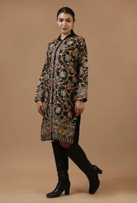 Black Kashmiri Aari Embroidered Woollen Long Jacket image 2