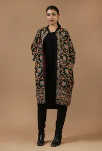 Black Kashmiri Aari Embroidered Woollen Long Jacket image 3